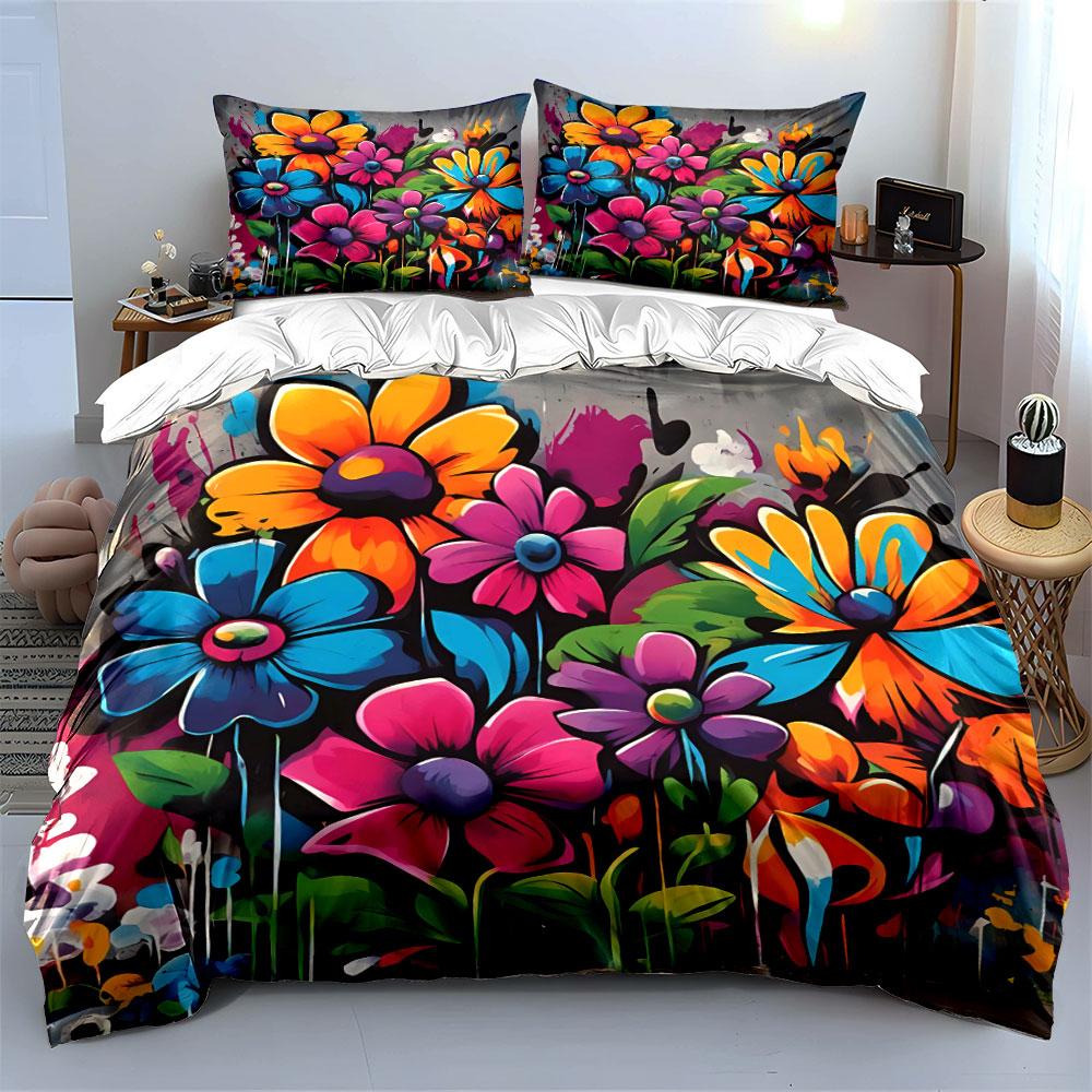Colorful Floral Art Decor Set Bedding Set with 1 Duvet Cover 2 Pillowcases Single Double King Queen, Gift