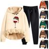 Women's Fashion Christmas Printed Padded Thickened Hooded Sweatshirt Casual Two Piece Set