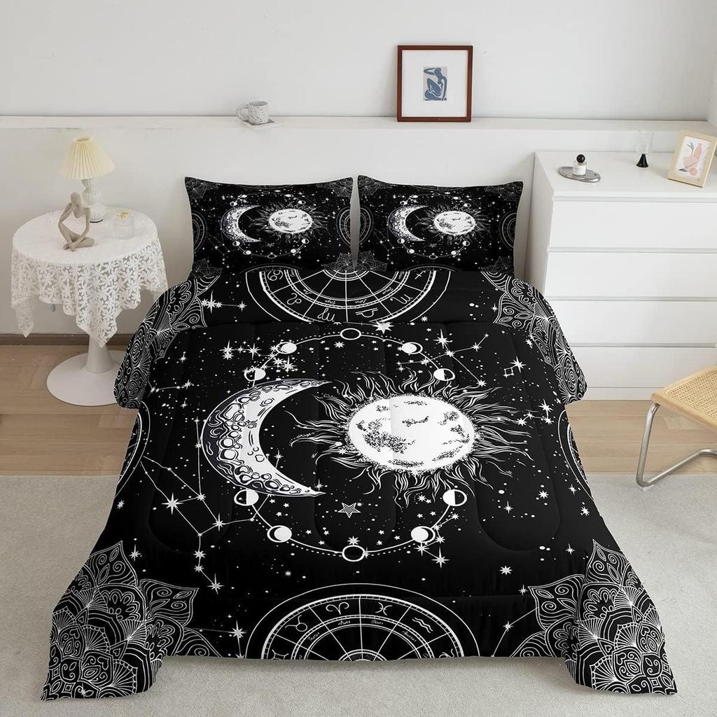 Sun and Moon Bedding Set Constellation Galaxy Comforter for Kids Boys Girls Teens Psychedelic Boho Mandala Comforter Breathable Celestial Du