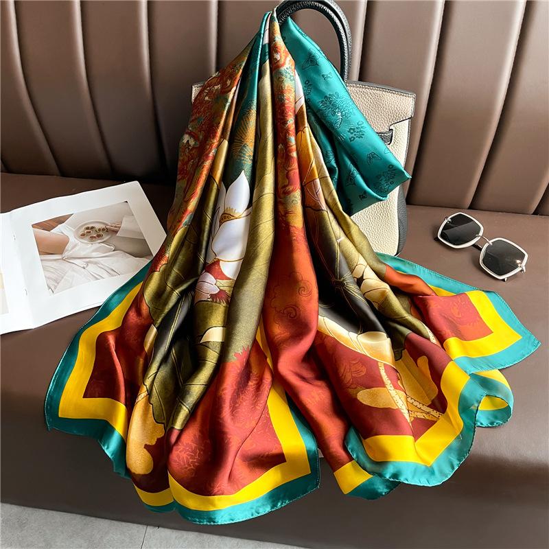 Luxury Satin Silk Scarf Women New Fashion Print Shawl and Wraps Neckerchief Large Hijab Beach Stoles Headscarves Echarpe Bandana