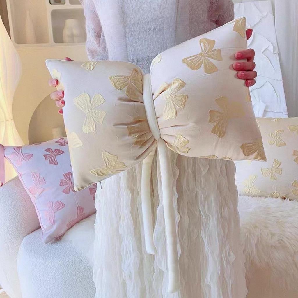 Korean Ins Ballet Style Girl Pink Ribbon Bow Pillow Cream Style Cushion Bedroom Sofa Cushion Cover