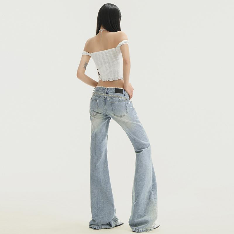 Lace splicing micro-pull jeans women's spring and autumn new Spice Girl low-rise and thin wide-leg horseshoe flared pants