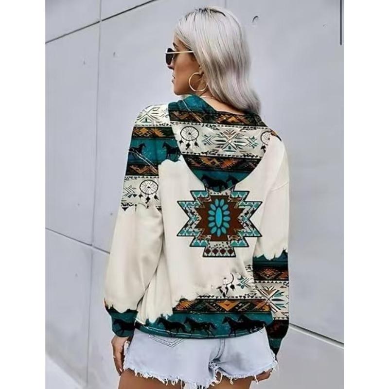 Women Western Ethnic Style Printed Hooded Sweatshirt Fall Winter