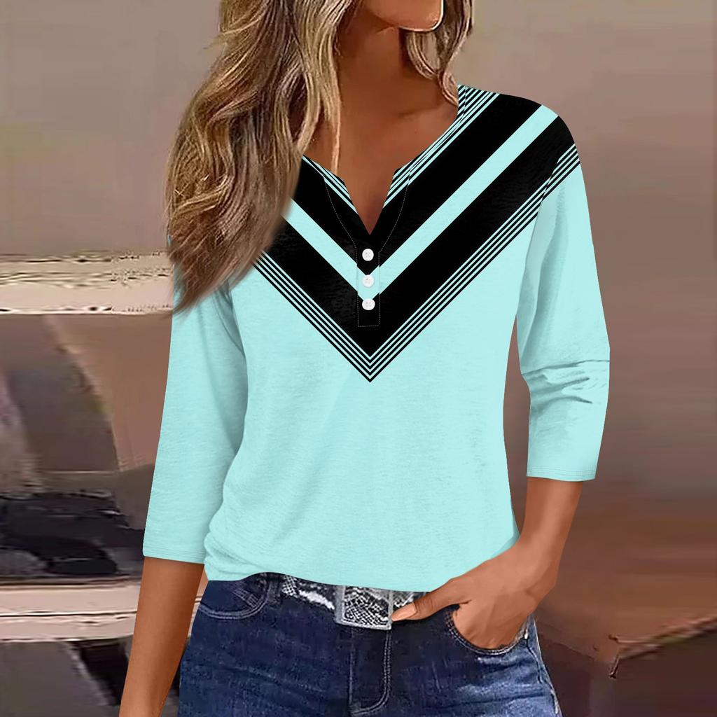 Жен. Футболка Футболка С принтом Пуговицы Рукав 3/4 Повседневные Выходные Мода Классический Классический V-образный вырез Обычный Верх