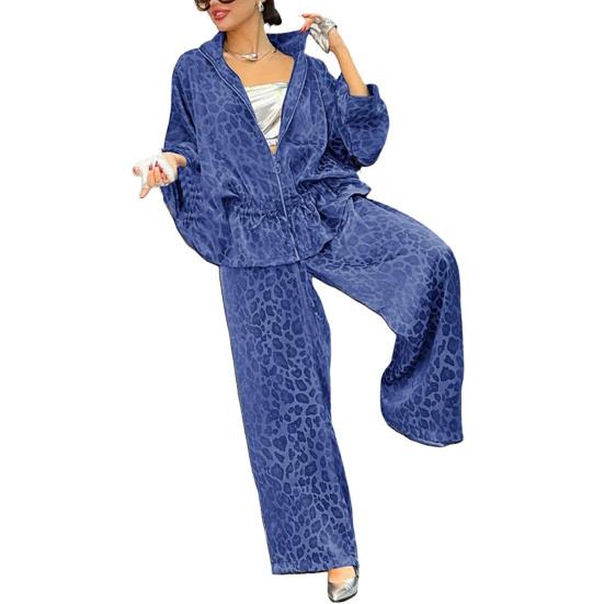 Комплект из 2 предметов: женская рубашка и брюки, леопардовый принт, застежка-молния, длинный рукав, плиссированный топ, свободные широкие брюки, рабочая одежда для поездок на работу