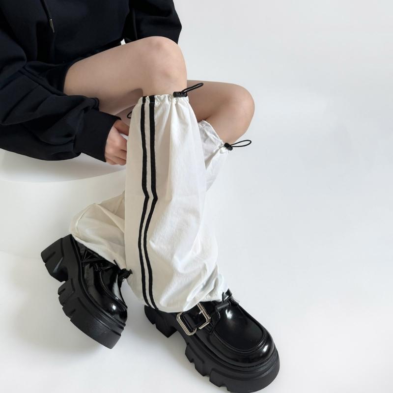 Fashion Drawstring Cargo Leg Warmers for Women Harajuku Side Double Striped Baggy Leg Covers Footless Socks Streetwear