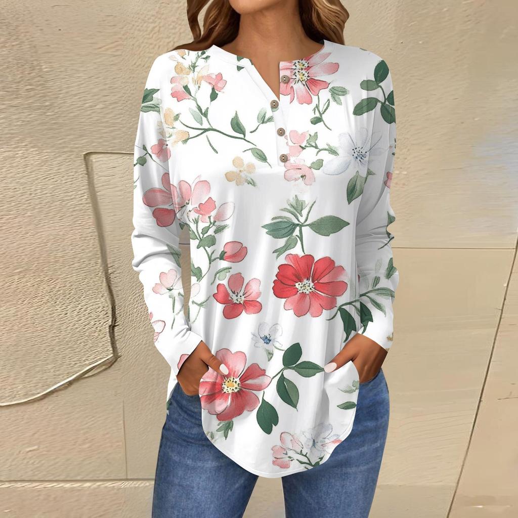 Модная свободная футболка с длинным рукавом и цветочным принтом на пуговицах, топ-пуловер
