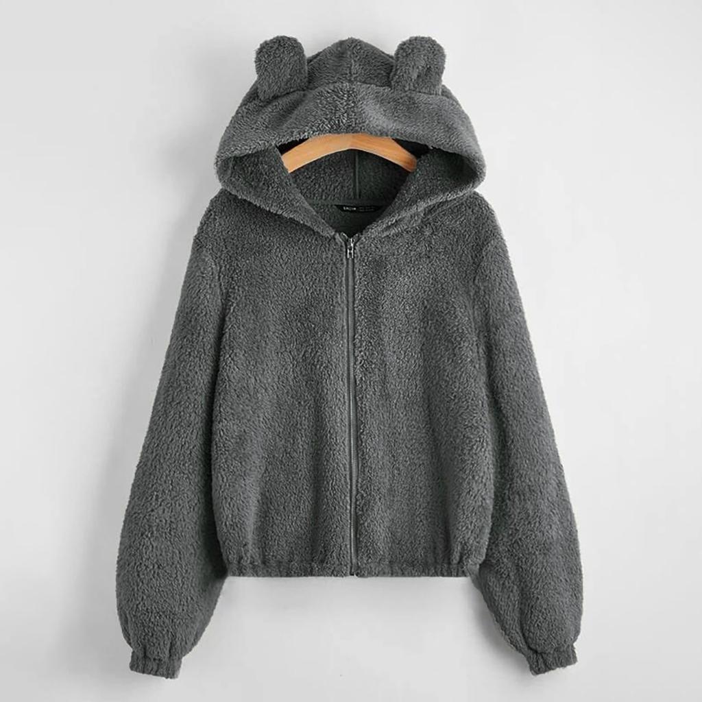 Женская флисовая однотонная толстовка с длинным рукавом, теплая куртка с капюшоном на молнии в форме медведя, нечеткое пальто с капюшоном