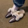 Cowhide Version~ Retro Temperament One-pedal Thick Heel Fluffy Shoes, Wearing Shoes with Square Head and Velvet Bag Head and Half Slippers