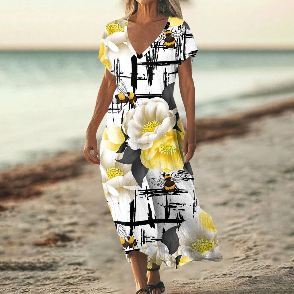 Модное женское летнее пляжное платье с V-образным вырезом и коротким рукавом из хлопка и льна с винтажным цветочным принтом