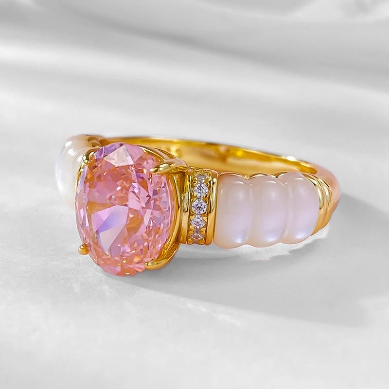 Luo Xi Temple 2024 Ice Flower Cut Ring: S925 Sterling Silver, White Mother-of-Pearl, Padparadscha, High Carbon Diamond, 7x9mm.