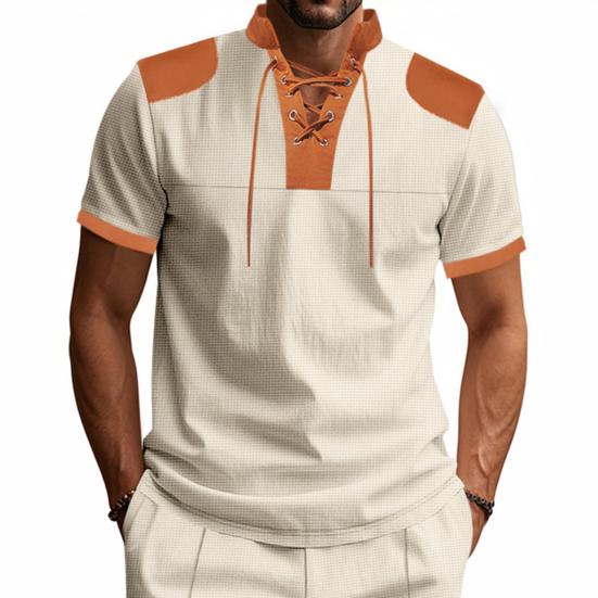 Мужская рубашка с V-образным вырезом на бретелях, цветная футболка с коротким рукавом в вафельную клетку, повседневная летняя футболка для повседневной вечеринки, офиса, путешествий