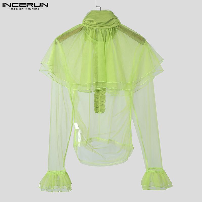 INCERUN Мужские футболки с длинным рукавом, оборками, нерегулярными слоями, сетка, клубная одежда для вечеринок, топы