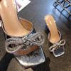 European and American Thin Heel Rhinestone High Heel Slippers Women's Fashion Square Head Large Size Satin One Word Bow Sandals