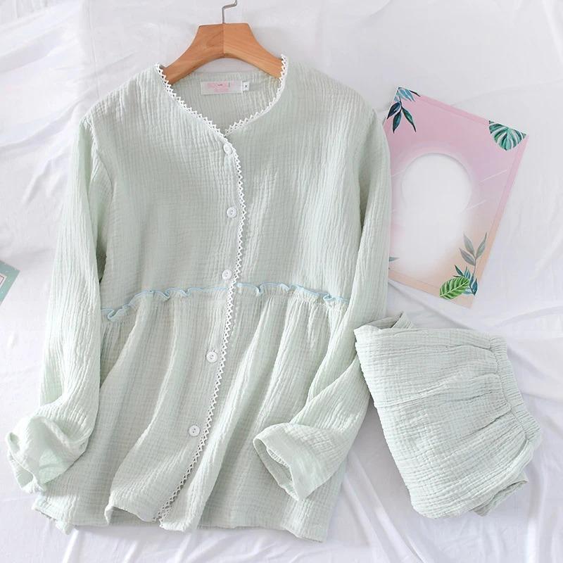 New Spring and Autumn Women's Pajamas Set Pure Cotton Crepe Long-sleeved Trousers Home Wear Set Women's Pajamas