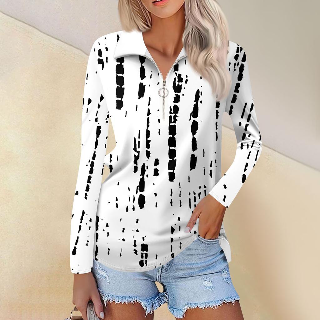 Женская весенняя и модная повседневная рубашка с принтом на молнии с V-образным вырезом и длинным рукавом