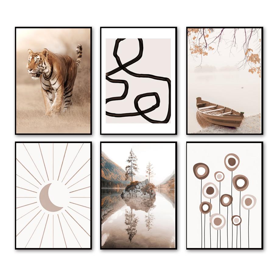 Бежевый Озерная Ферма Лодка Одуванчик Бохо Абстрактные Линии Плакаты И Принты Холст Искусство Настенное Украшение Дома Картины Для Гостиной