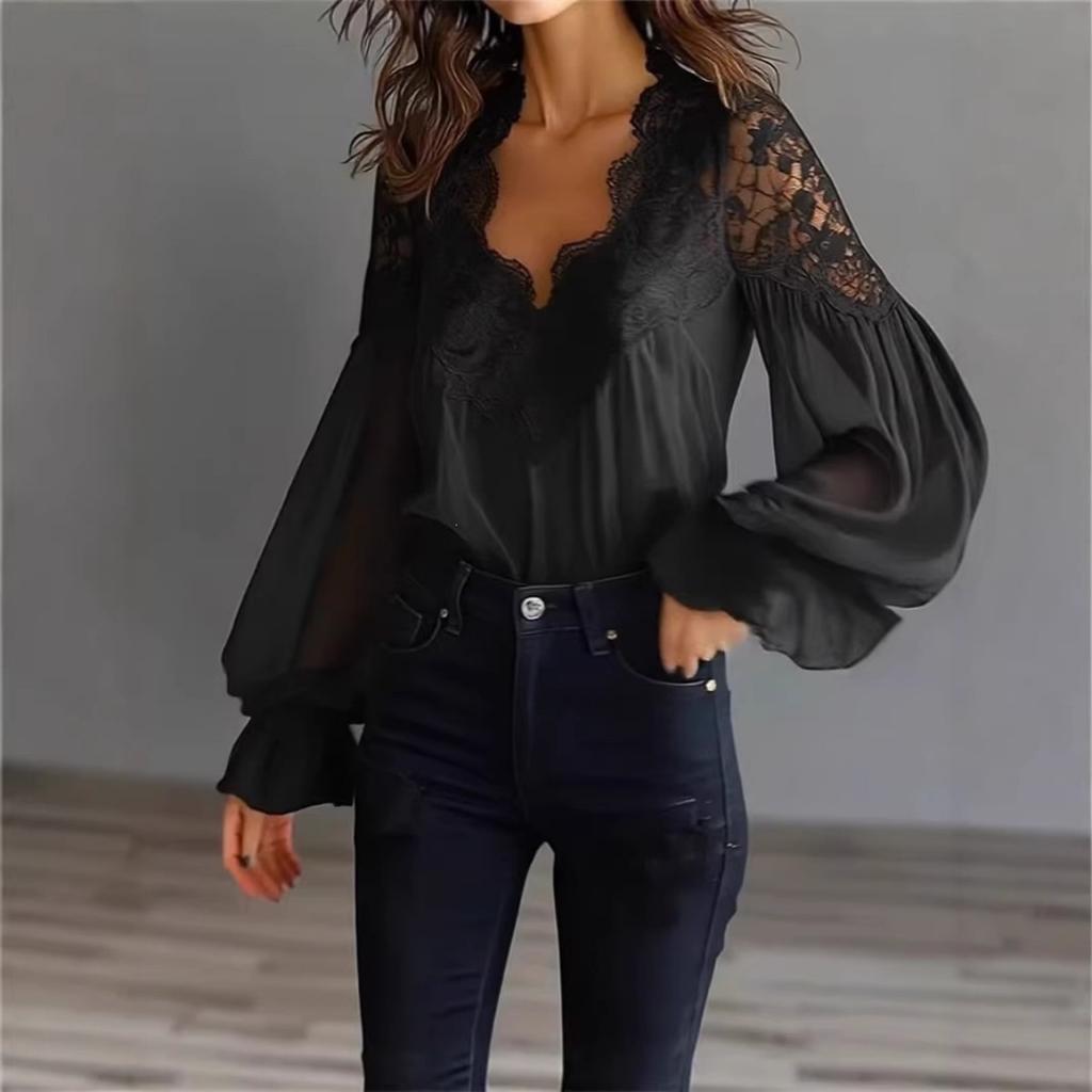 Women's Lace Patchwork Puff Sleeve Pleated Blouse for European American Markets