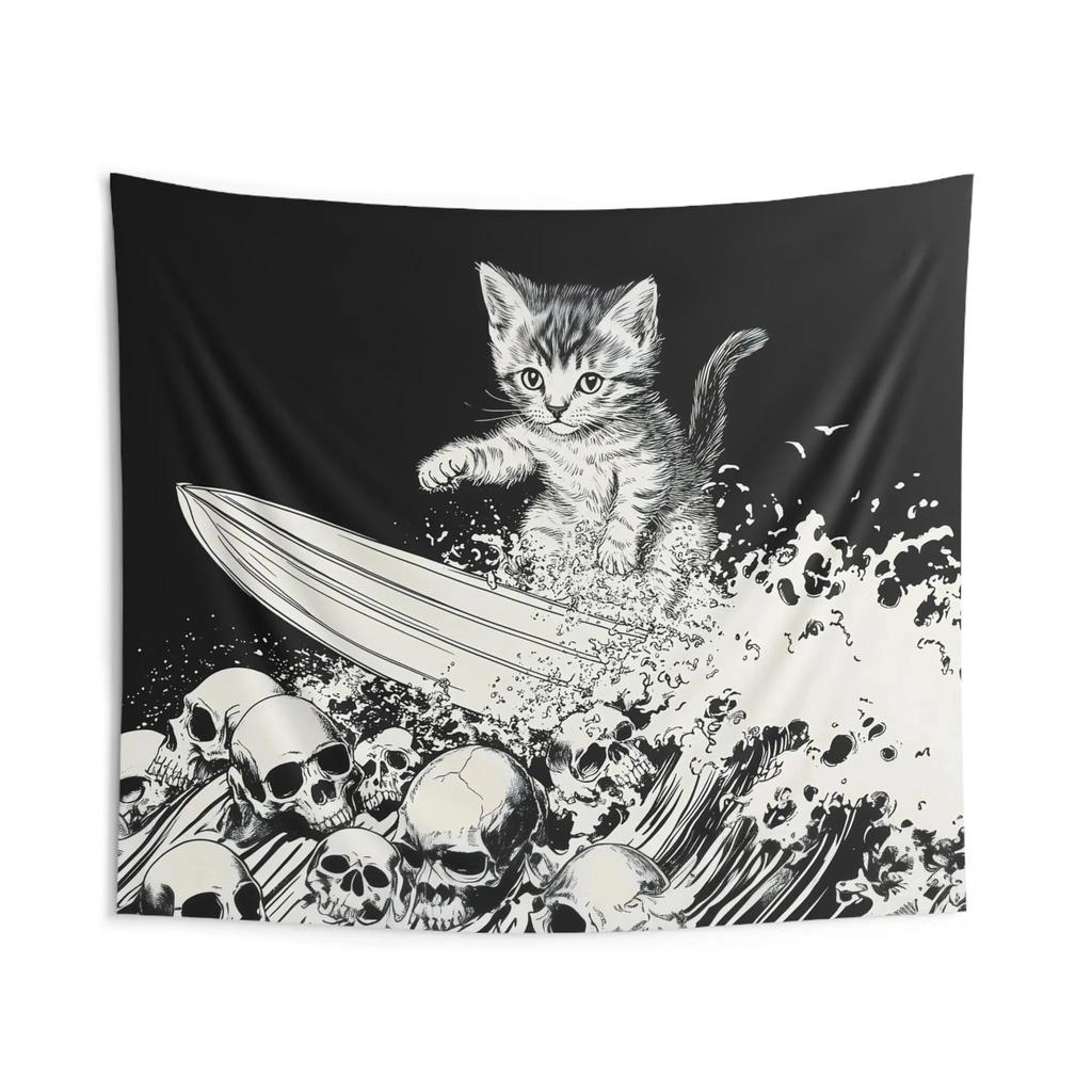 VIKAMA Hardcore Heavy Metal Kitten Tapestry  Skull Surfing Cat Wall Art  Funny Decorative Hanging for Living Room Home