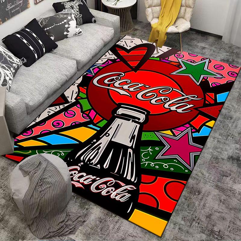 Яркий ковер в стиле поп-арт с изображением бутылки Coca-Cola и звезд. Подходит для использования в качестве противоскользящего покрытия для гостиной, спальни, диванов.
