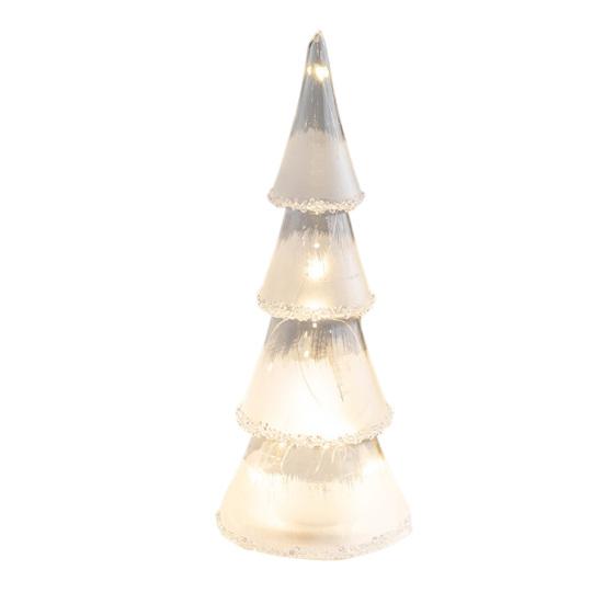 Glass Christmas Tree Figurine Tabletop Tree Ornament with LED Lights Holiday Decor Light Up Tree Cone for Home Office Parties Table Centerpiece