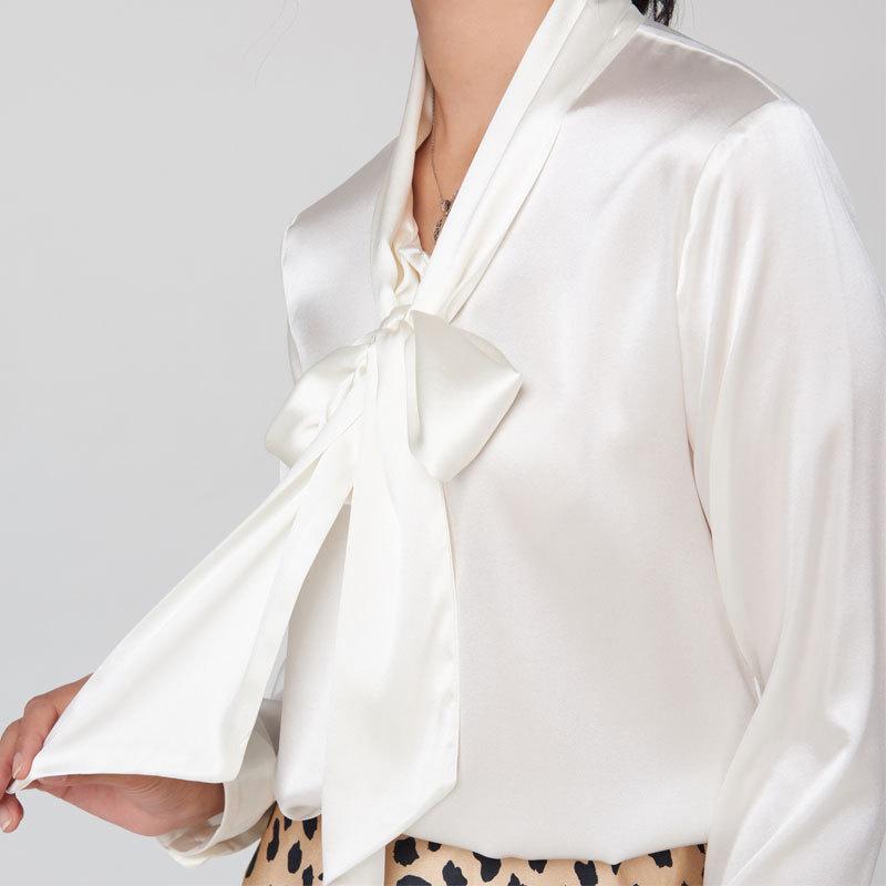 Heavyweight Mulberry Silk V-Neck Bow Blouse - Women's Long Sleeve Shirt for Autumn & Spring