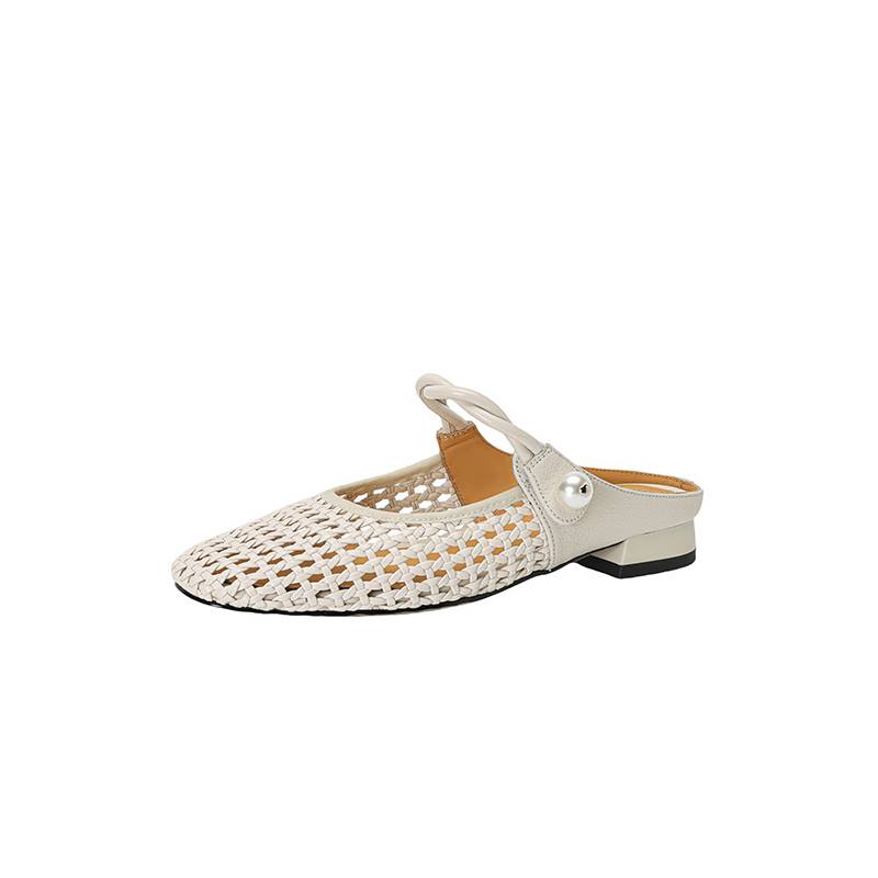 Krazing Pot Микрофибра Мюли Плетение Лето Размер 41 Низкий каблук Жемчужная отделка Вечерняя обувь Женщины Квадратный носок Гладиатор Полые туфли-лодочки