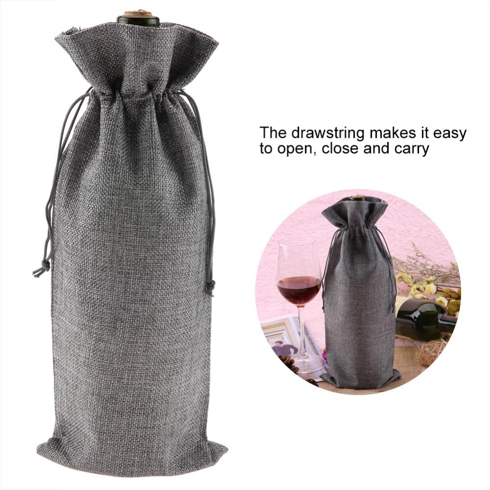 12pcs Grey Linen Fabric Wine Bag Drawstring Closure Burlap Wine Bag Wedding Favors