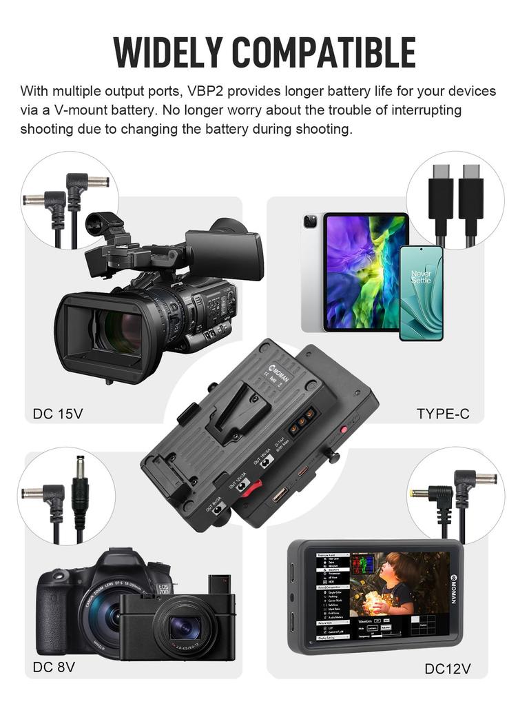 Пластина Moman VBP2 с 15-мм стержнем, двойной выход постоянного тока, включает 4 кабеля постоянного тока и для цифровых зеркальных камер BMPCC, видеокамер, V-образный зажим, выход D-Tap 14,8 В,