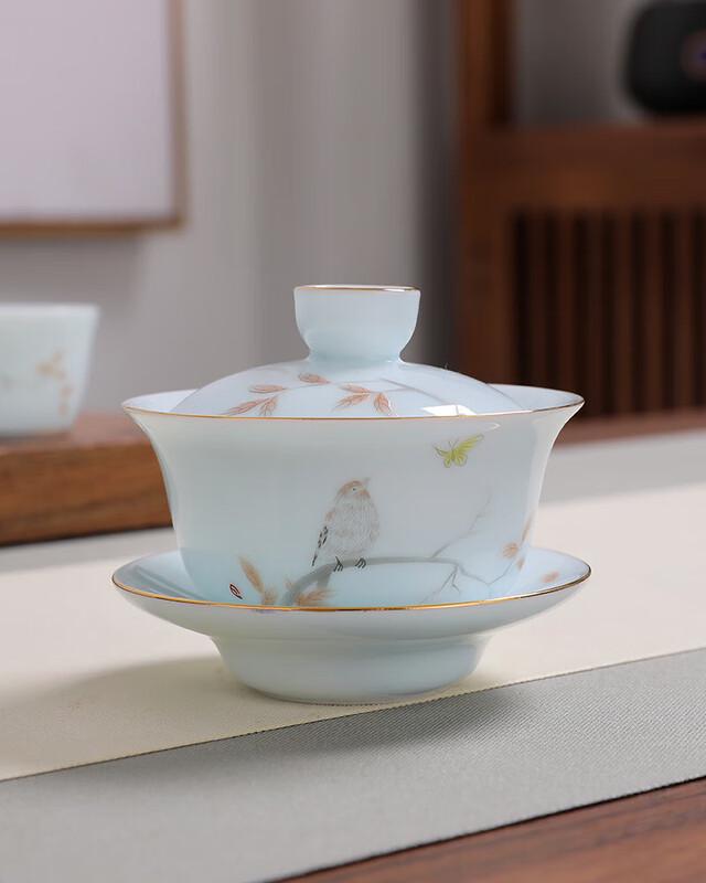 Chaxun Celadon Mutton Fat Jade Porcelain Sancai Gaiwan Tea Set