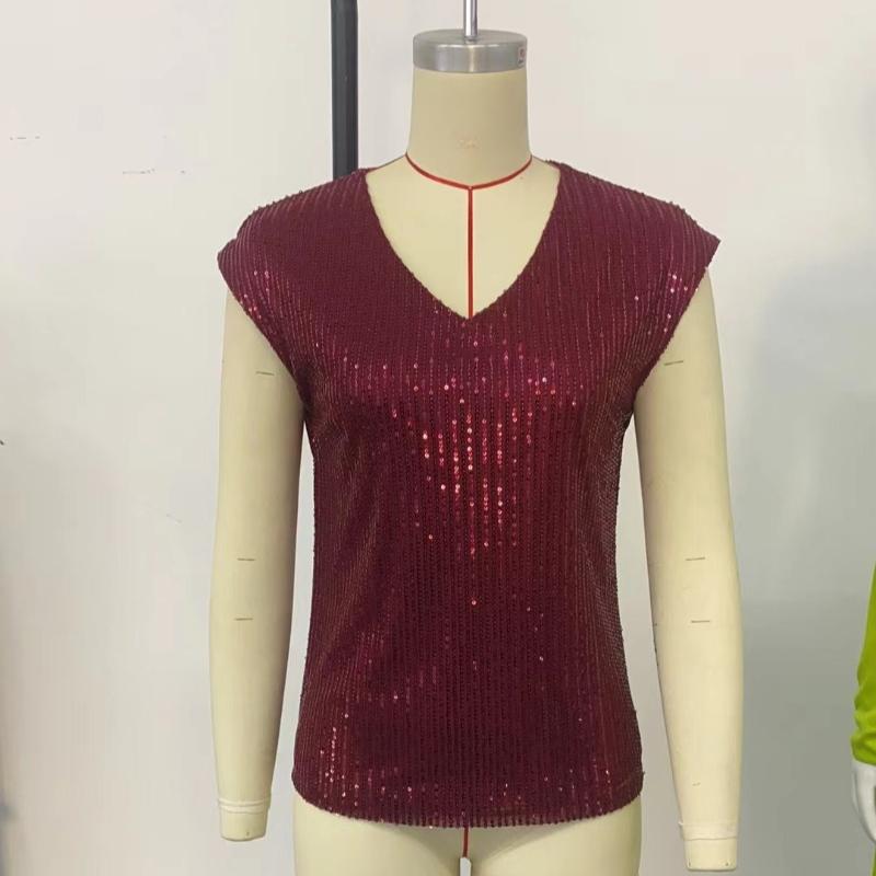 Summer New Sleeveless Sequin Casual Loose Shirts for Women Elegant Slim Fit V-neck Solid Blouses Women Elegant Simple Fashion Ladies Shirt Tops 26422