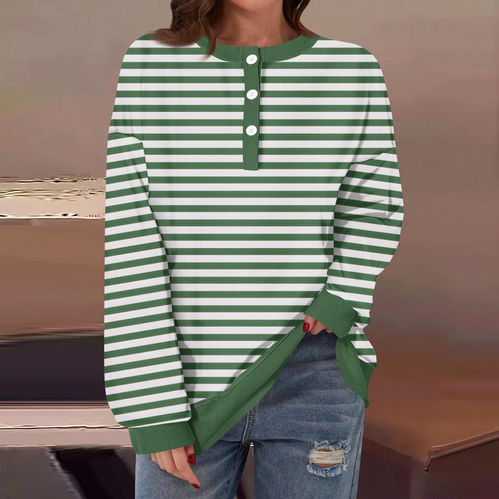 Женская повседневная мода удобная полосатая футболка с длинным рукавом и круглым вырезом на пуговицах, свободный подол с боковыми разрезами