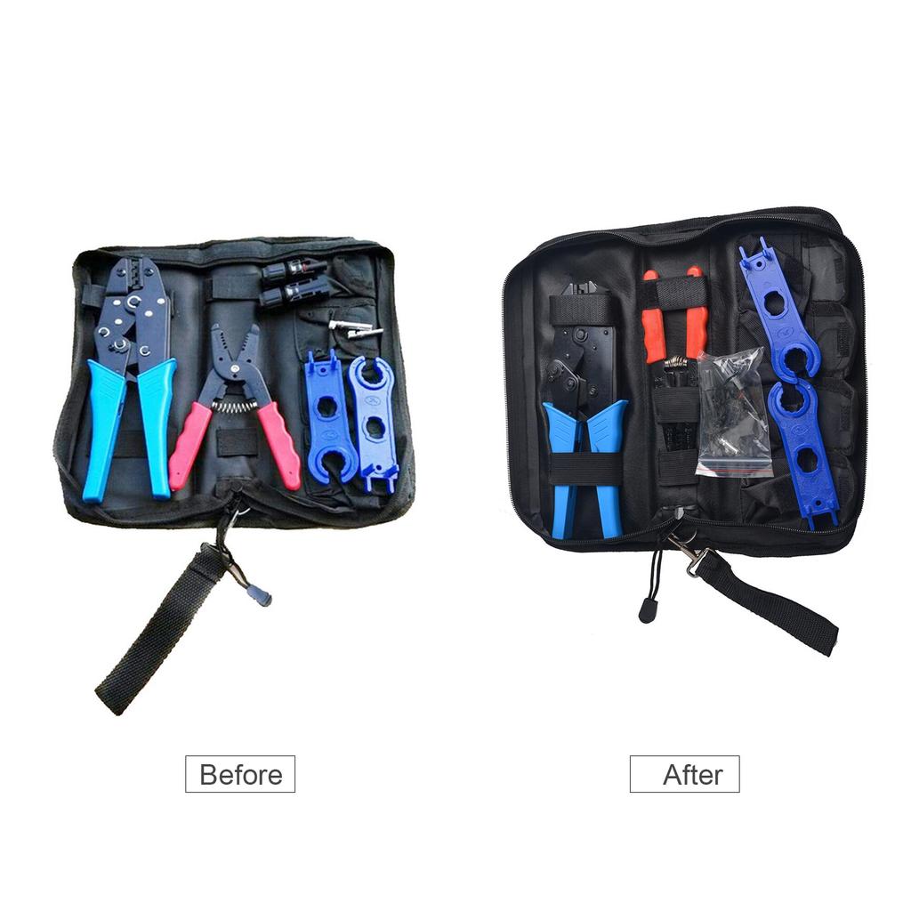 Инструменты для обжима солнечных панелей для фотоэлектрических кабелей включают в себя 1 пару солнечных разъемов, инструмент для зачистки, гаечный ключ,