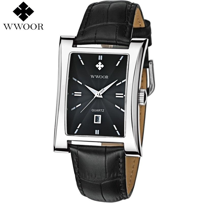 WWOOR Classic Fashion Mens Rectangle Watches Male Gold Brown Leather Quartz Waterproof Wrist Watch