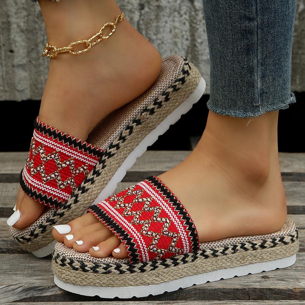 Women's Wedge Sandals  Fish Mouth Wedge Sandals Woven Hemp Rope Thick-soled Comfortable Sponge Cake Slippers