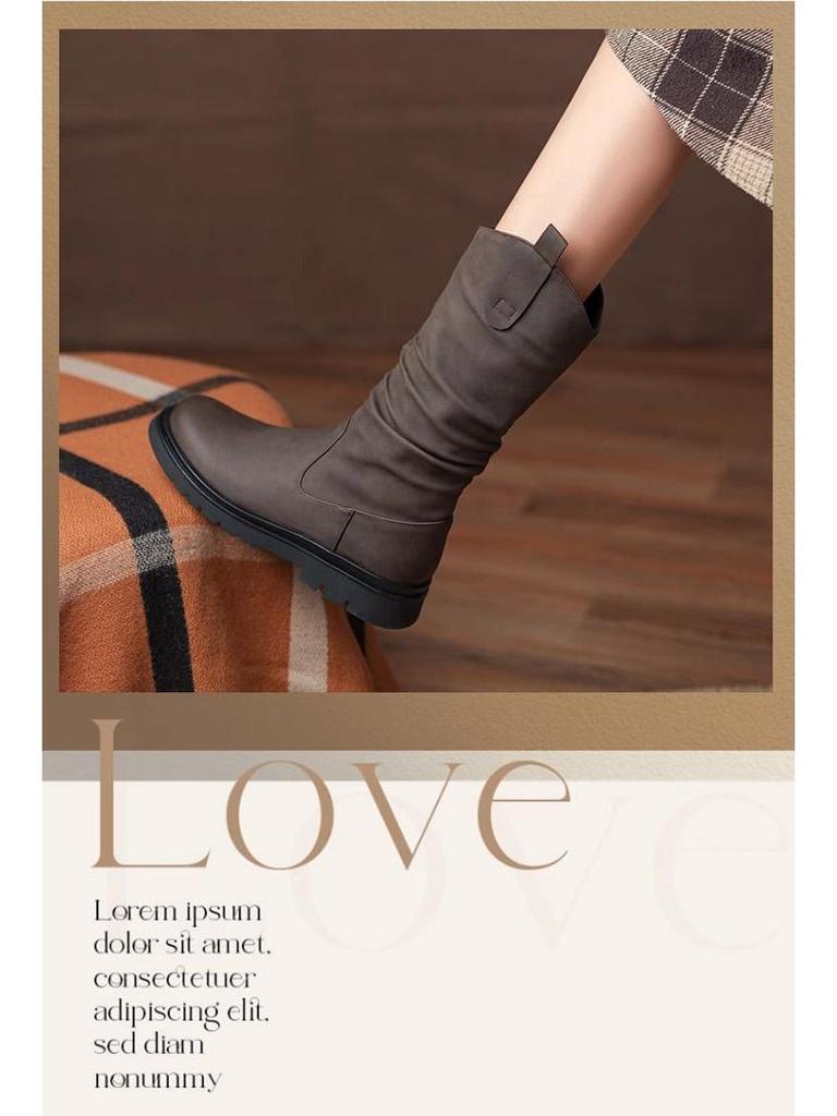 Женские мартинсы до середины икры на плоском каблуке 2025 - Новый весенне-осенний стиль с бархатной подкладкой, идеально подходят к юбкам