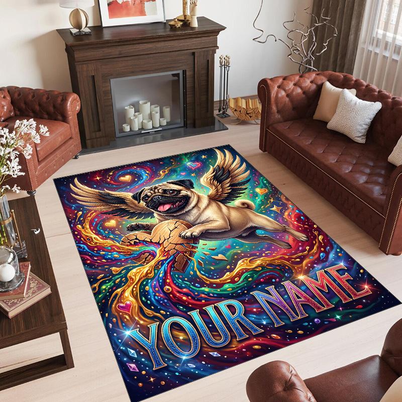 Pug Theme Crystal Velvet Floor Rug Personalized Custom Name Text Warm Carpet Home Decoration