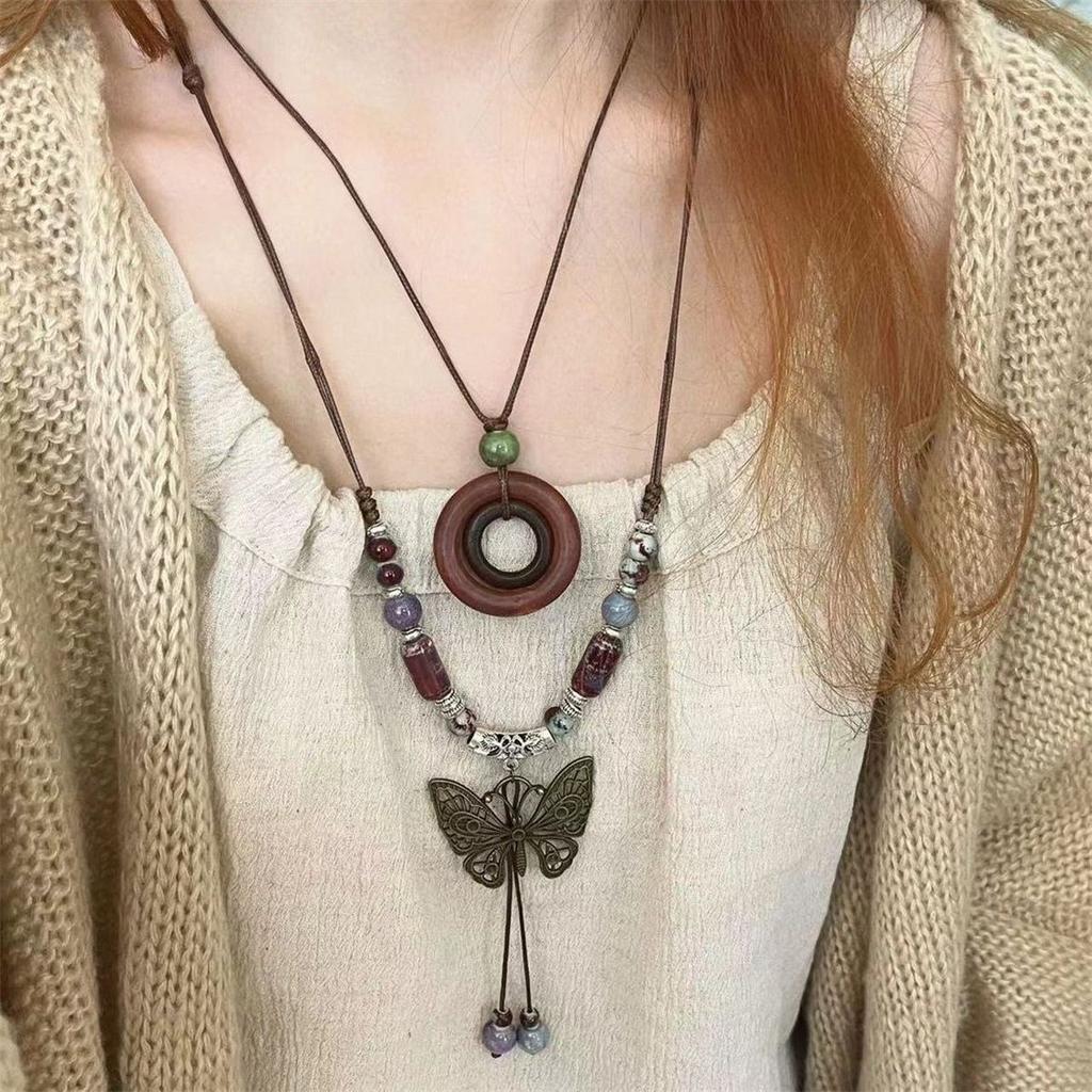 New Chinese Butterfly Necklace~ Ethnic Style Beaded Ceramic Wood Clavicle Chain 2025 New Sweater Chain Women