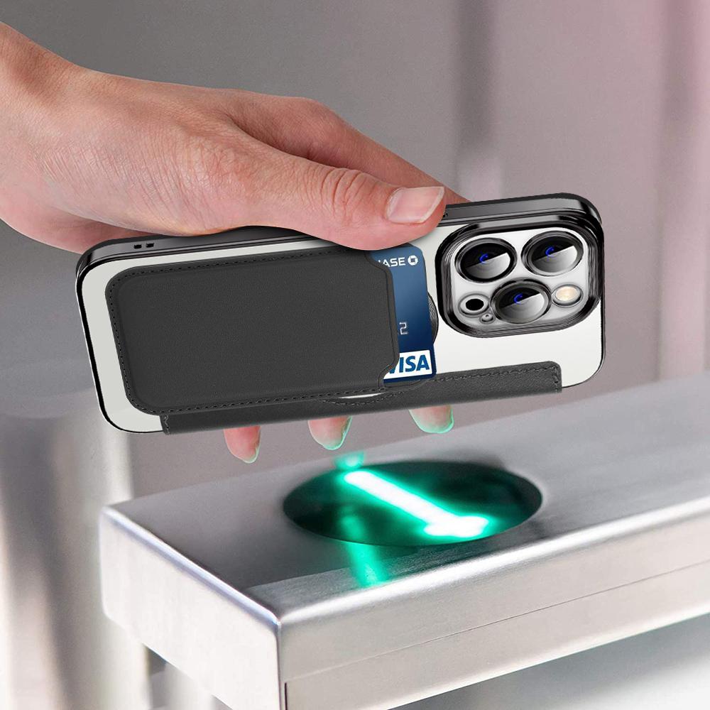 Чехол для iPhone 14 Pro, Совместимый с MagSafe, Блокировка RFID, Слоты для карт, Полностью закрывающий, ТПУ, Гальваническое покрытие, Прозрачная задняя крышка, Чехол-книжка с защитной пленкой для объектива