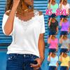European American Style Women Casual Loose V Neck Short Sleeve T Shirt with Lace Splice
