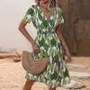 V-образный вырез с мелким цветочным принтом, простота, летняя горячая распродажа, женская одежда, платье с коротким рукавом, средняя юбка