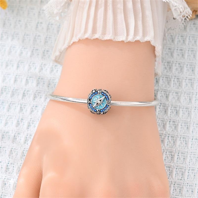 925 Silver Compass Charms Beads Sparkling CZ Zircon Dangle Fit Original Bracelet DIY For Women Travel Jewelry Gifts