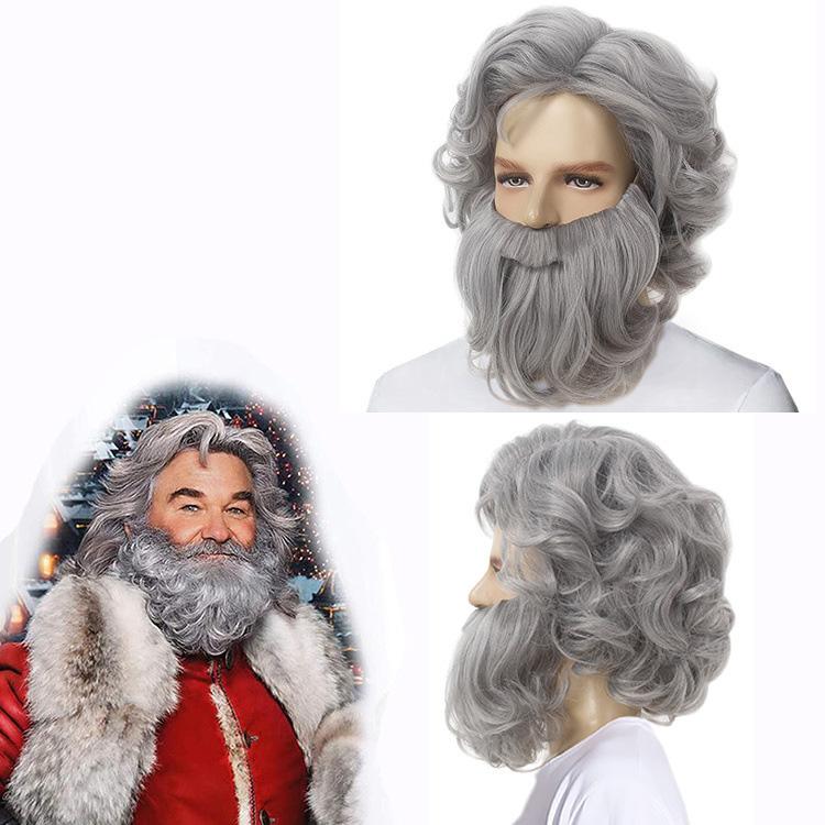 Elderly Wig and Beard Set, Gray Long Curly Wig