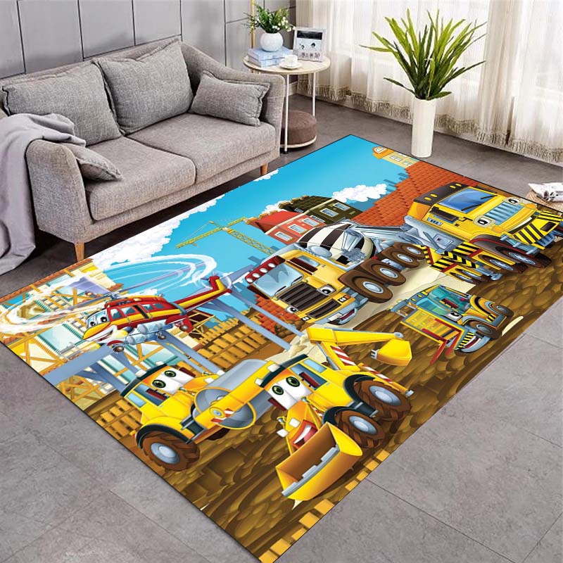 Cartoon Construction Engineering Vehicle City Building Site Print Area Rug Non‑Slip Rectangular Floor Mat Home Decor