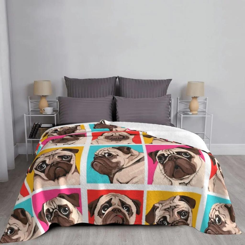 Four Portrait Of A Pugs Pop Art Style Blankets Flannel Summer Dog Thin Throw Blankets for Bedding Bedroom Bedspreads