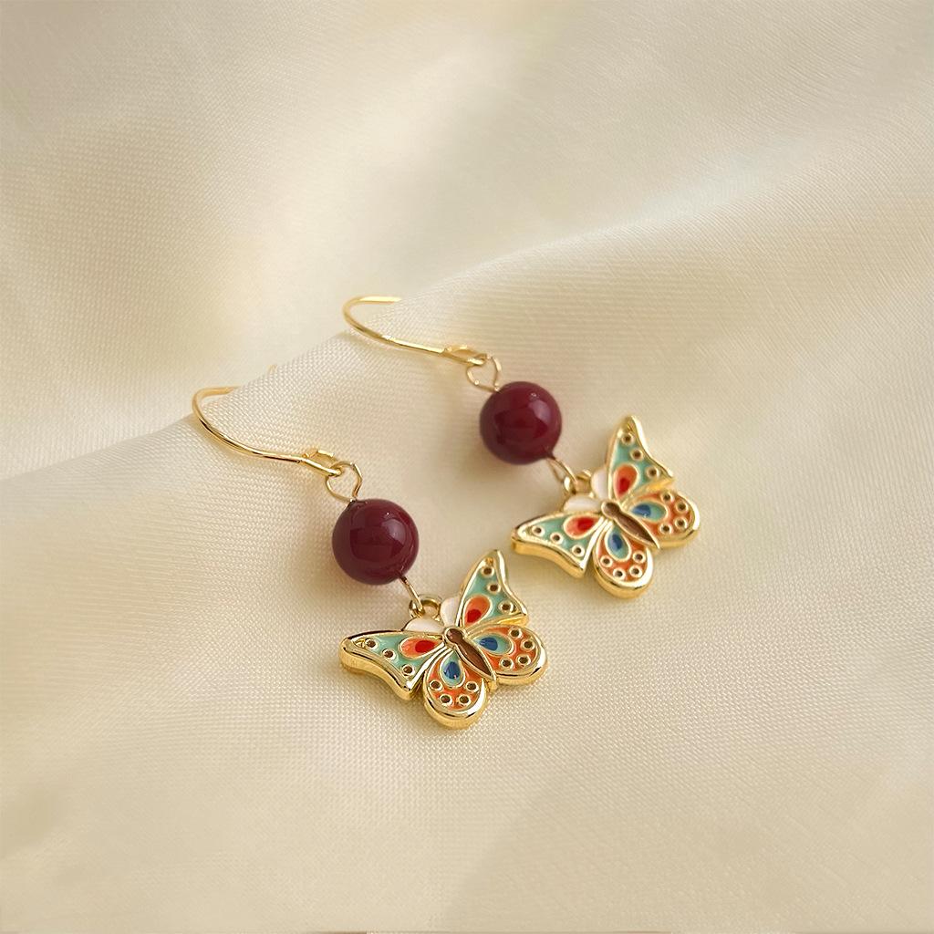 14k Gold Plated Enamel Butterfly Drop Earrings Colorful Double Sided Enamel Red Bead Dangle Earrings Vintage Ethnic Jewelry For Women