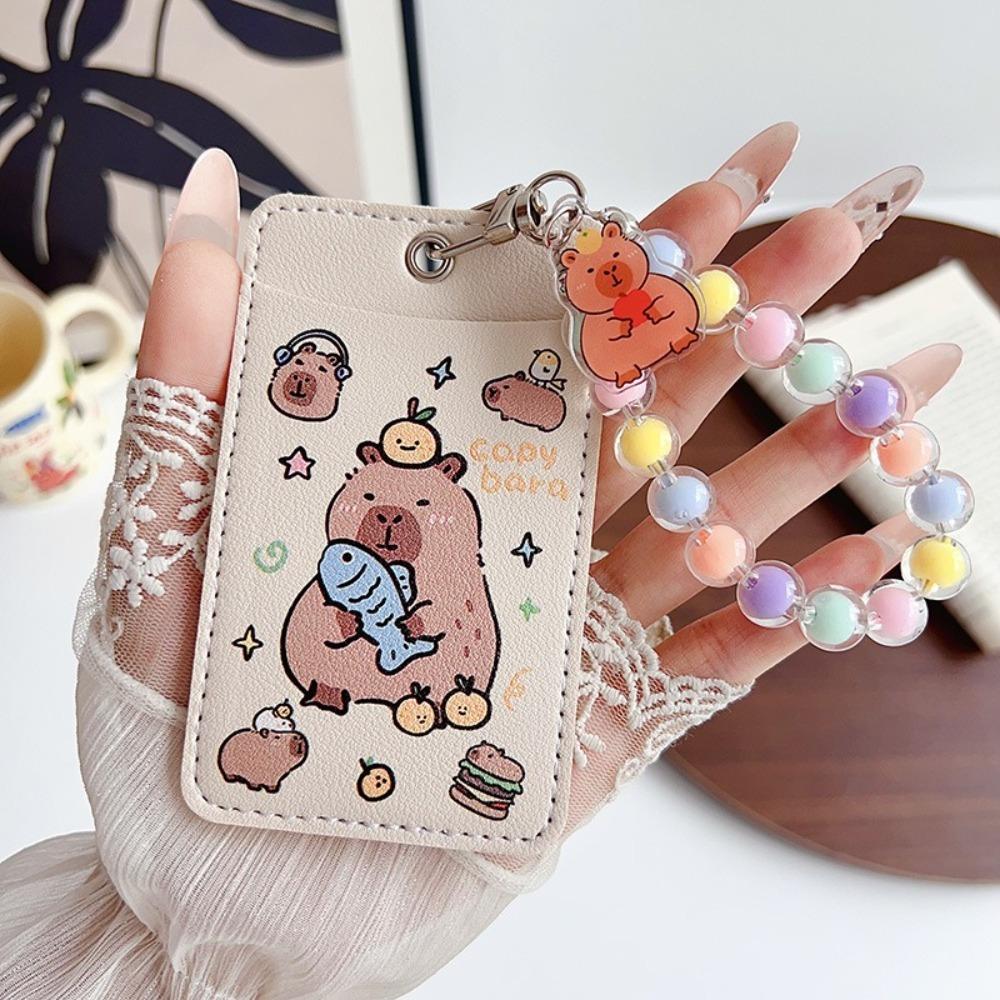 Cute Capybara Card Holder Leather Bag Pendant Student Meal Card Double Card Slot Bus Card Protective Cover Gift