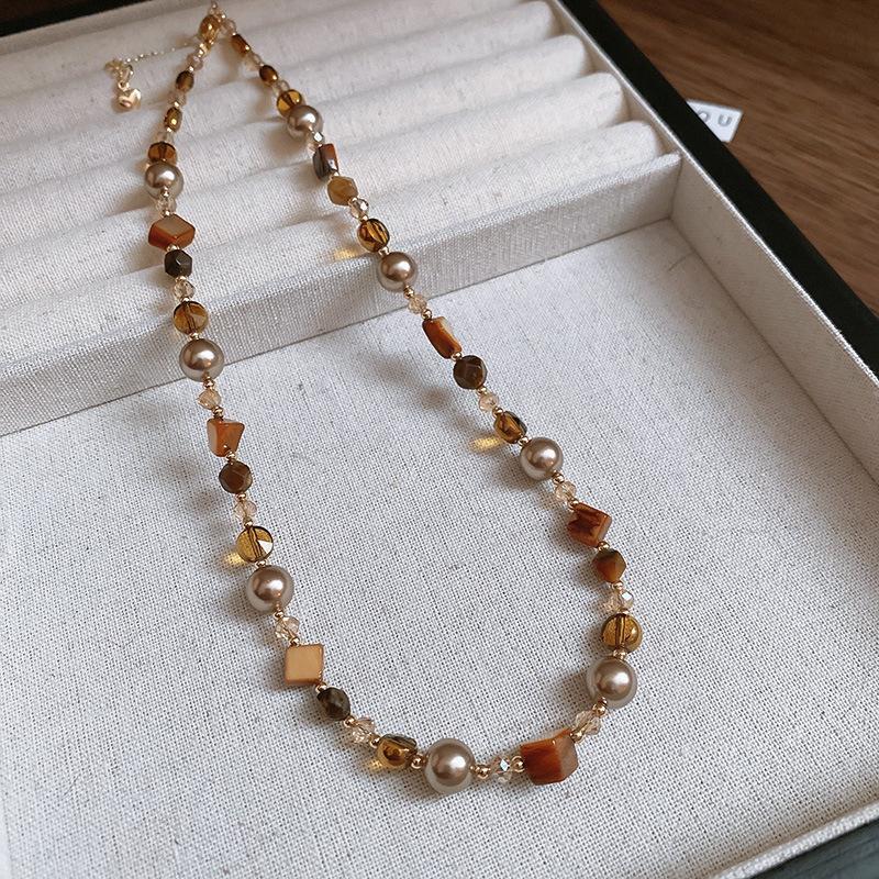 Ожерелье из круглого камня тигровый глаз в стиле ретро с цветком, высококачественная цепочка для свитера, легкая роскошь, нишевые аксессуары для толстовок