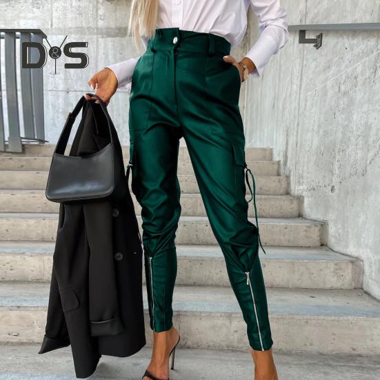 Женские брюки из гладкой искусственной кожи с декором на молнии, облегающие брюки с высокой талией, застежкой-молнией и пуговицами, с несколькими карманами, однотонные брюки-карандаш, длинные брюки