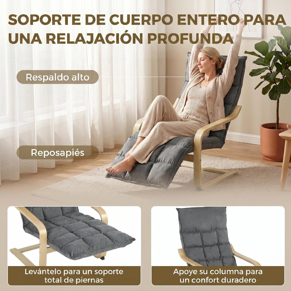 Linen Upholstered Living Room Armchair With Footrest Smooth Rocking High Back Wide Seat Gray